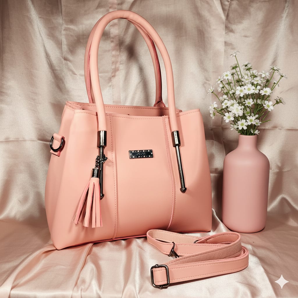 Blush Elegance – Women's Soft Pink Tote Handbag with Tassel Charm and Adjustable Strap