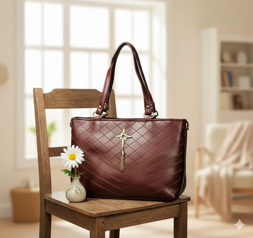 Elegant Maroon Quilted Shoulder Handbag for Women – Designer Tote with Cross Charm