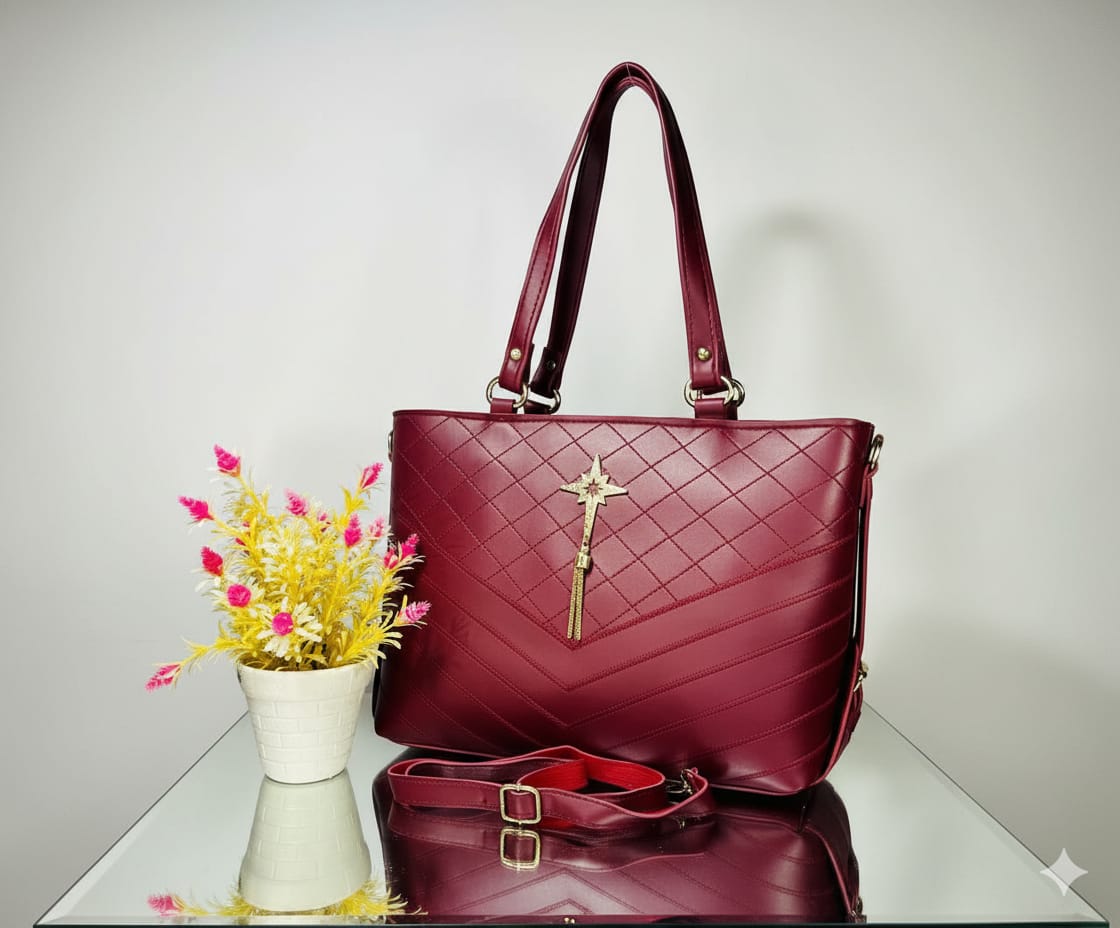 Elegant Maroon Quilted Shoulder Handbag for Women – Designer Tote with Cross Charm