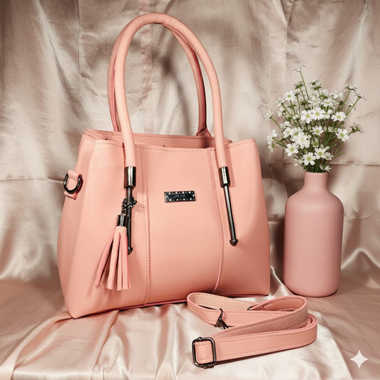 Blush Elegance – Women's Soft Pink Tote Handbag with Tassel Charm and Adjustable Strap